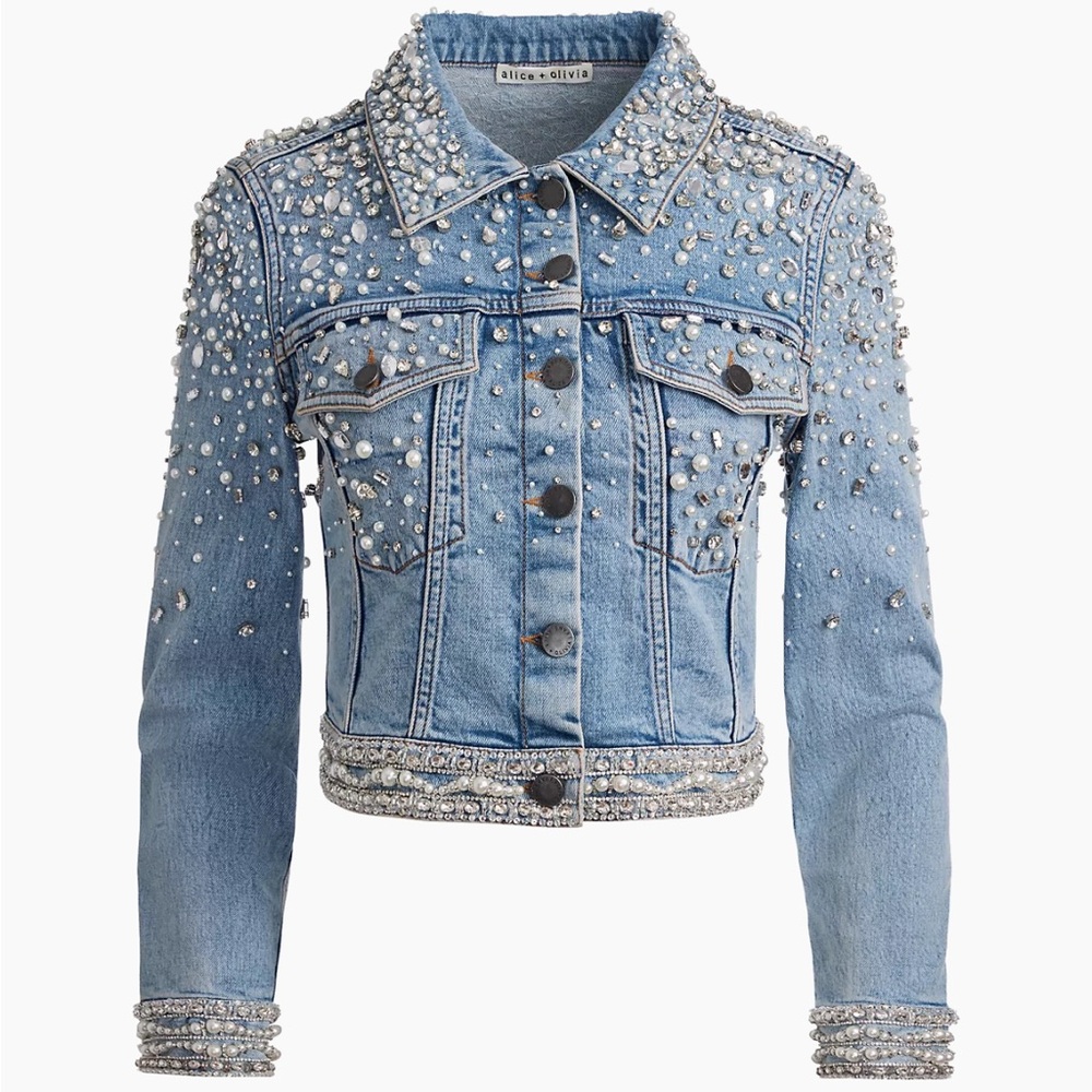 Alice + Olivia Nelson Embellished Crystal Pearl Fitted Denim Jacket Size Small